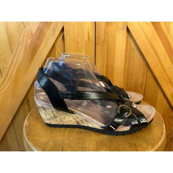 Life Stride Cork Wedge Black Strappy Sandals Size 8.5M - Picture 1 of 8